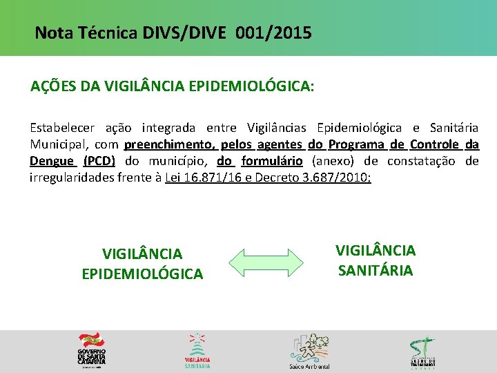 Nota Técnica DIVS/DIVE 001/2015 AÇÕES DA VIGIL NCIA EPIDEMIOLÓGICA: Estabelecer ação integrada entre Vigilâncias