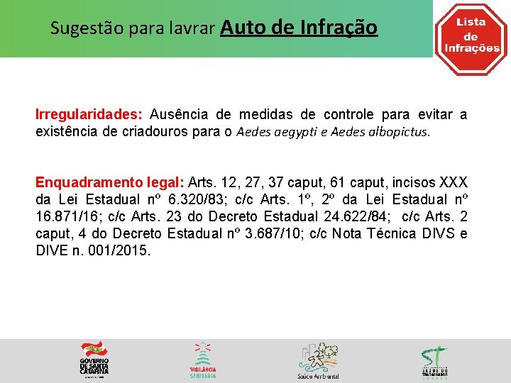 Sugestão para lavrar Auto de Infração Irregularidades: Ausência de medidas de controle para evitar