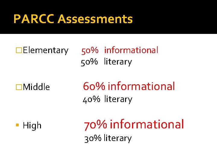 PARCC Assessments �Elementary 50% informational 50% literary �Middle 60% informational 40% literary High 70%