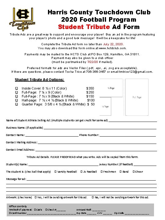 Harris County Touchdown Club 2020 Football Program Student Tribute Ad Form Tribute Ads are