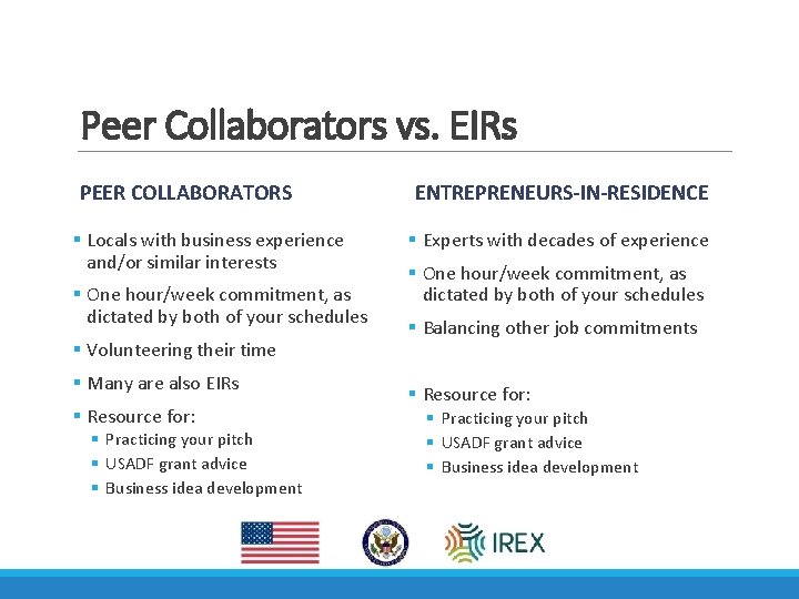 Peer Collaborators vs. EIRs PEER COLLABORATORS § Locals with business experience and/or similar interests