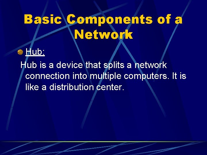 Basic Components of a Network Hub: Hub is a device that splits a network