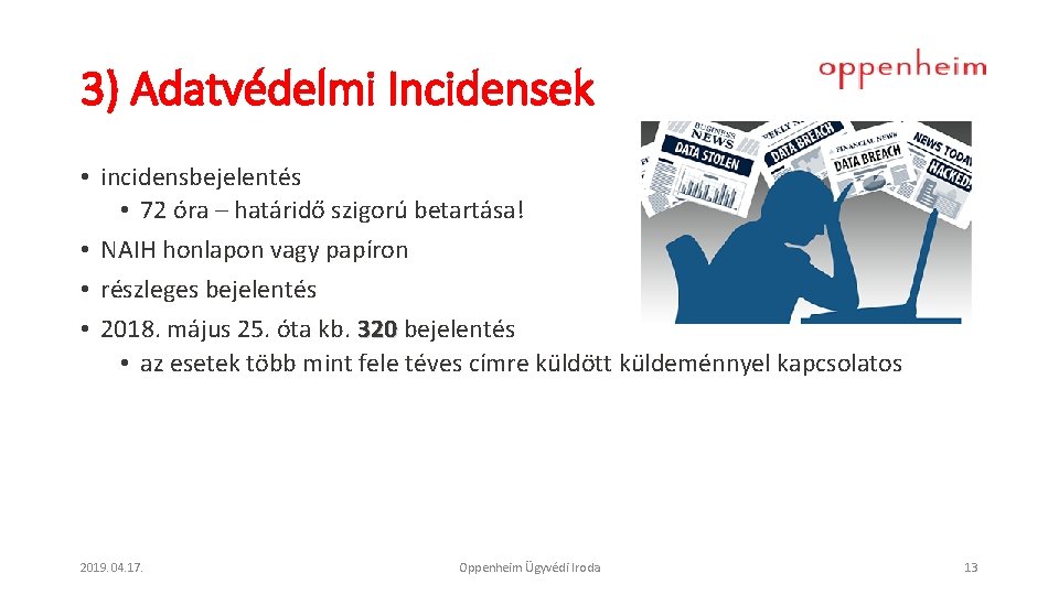 3) Adatvédelmi Incidensek • incidensbejelentés • 72 óra – határidő szigorú betartása! • NAIH