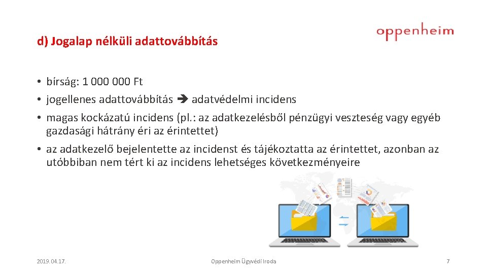 d) Jogalap nélküli adattovábbítás • bírság: 1 000 Ft • jogellenes adattovábbítás adatvédelmi incidens