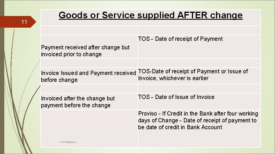 11 Goods or Service supplied AFTER change TOS - Date of receipt of Payment