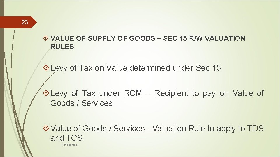 23 VALUE OF SUPPLY OF GOODS – SEC 15 R/W VALUATION RULES Levy of