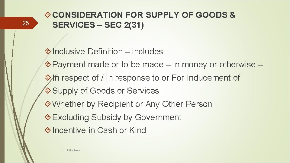 25 CONSIDERATION FOR SUPPLY OF GOODS & SERVICES – SEC 2(31) Inclusive Definition –