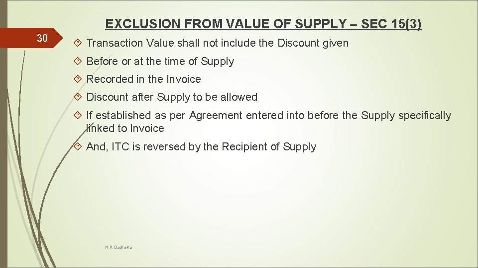 EXCLUSION FROM VALUE OF SUPPLY – SEC 15(3) 30 Transaction Value shall not include