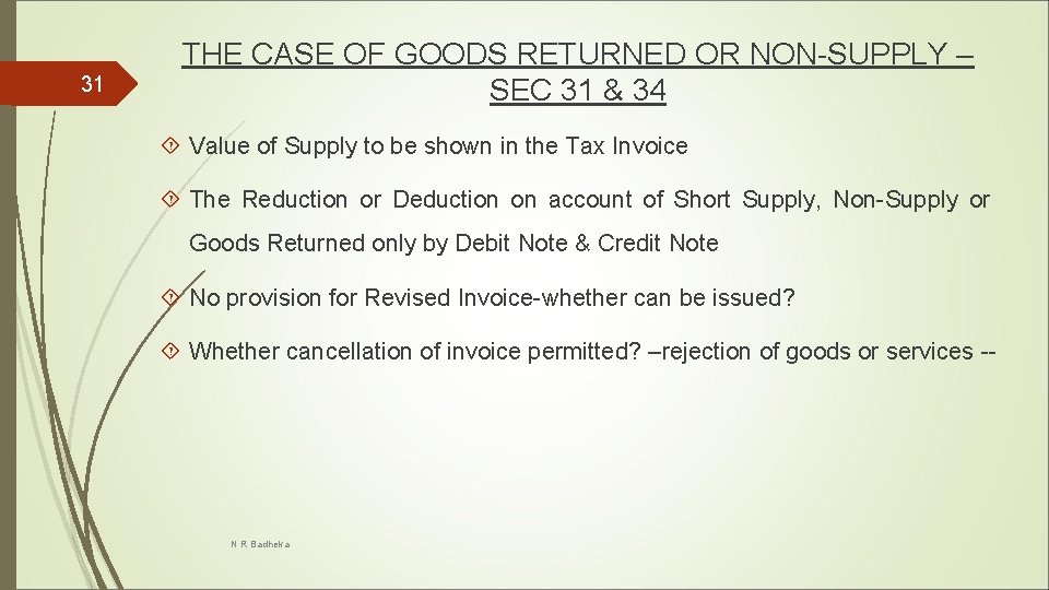 31 THE CASE OF GOODS RETURNED OR NON-SUPPLY – SEC 31 & 34 Value