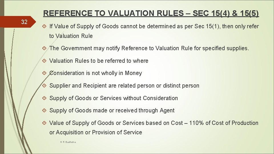 REFERENCE TO VALUATION RULES – SEC 15(4) & 15(5) 32 If Value of Supply