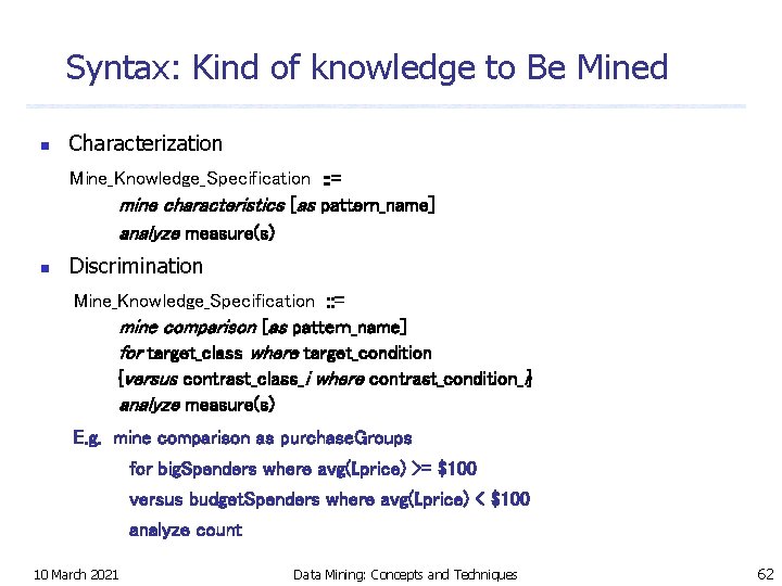 Syntax: Kind of knowledge to Be Mined n Characterization Mine_Knowledge_Specification : : = mine