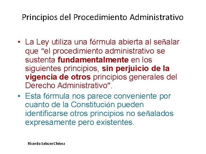 Principios del Procedimiento Administrativo • La Ley utiliza una fórmula abierta al señalar que