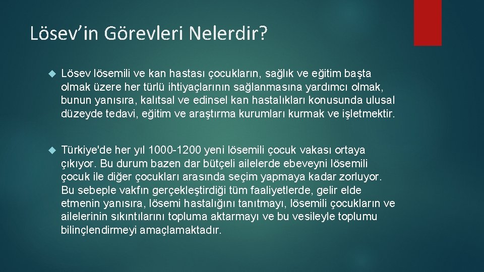 Lösev’in Görevleri Nelerdir? Lösev lösemili ve kan hastası çocukların, sağlık ve eğitim başta olmak