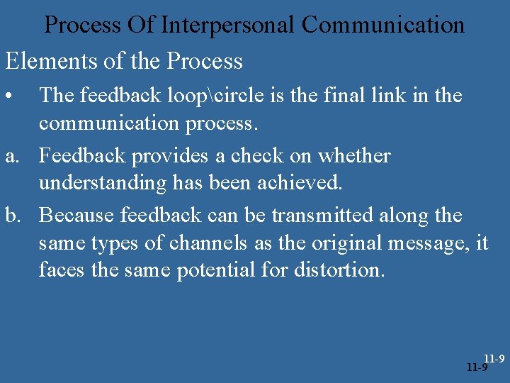 Process Of Interpersonal Communication Elements of the Process • The feedback loopcircle is the