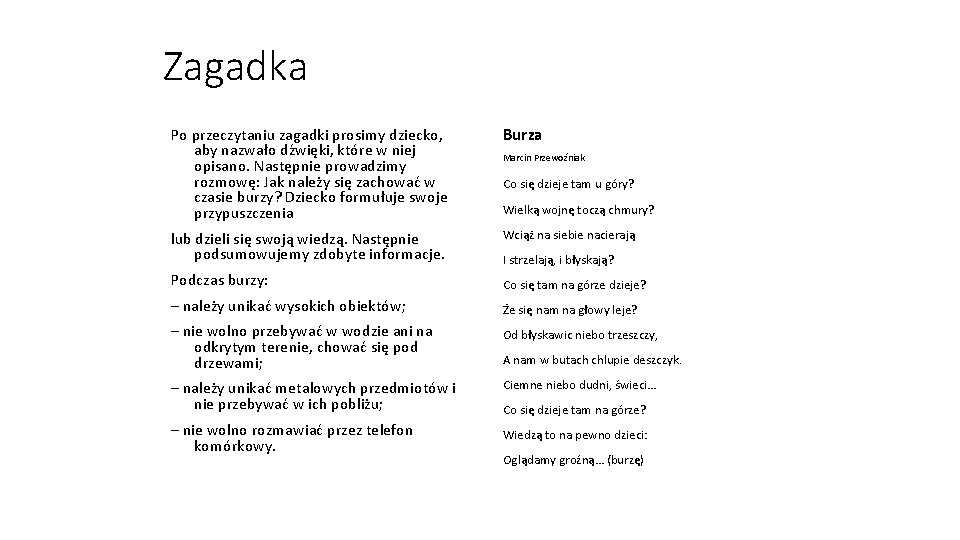 Zagadka Po przeczytaniu zagadki prosimy dziecko, aby nazwało dźwięki, które w niej opisano. Następnie