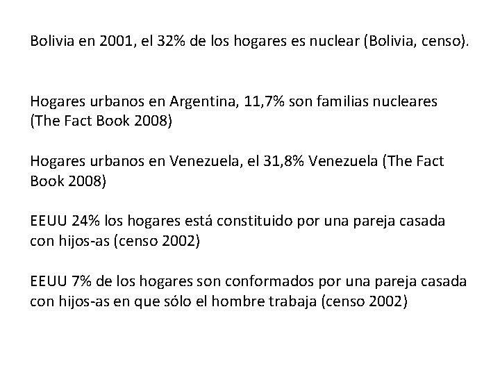 Bolivia en 2001, el 32% de los hogares es nuclear (Bolivia, censo). Hogares urbanos