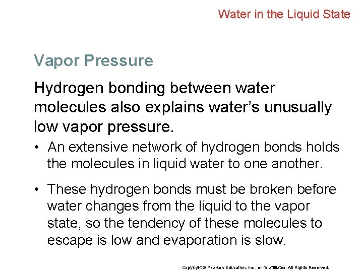 Water in the Liquid State Vapor Pressure Hydrogen bonding between water molecules also explains