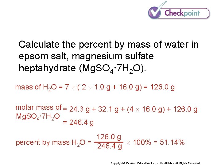 Calculate the percent by mass of water in epsom salt, magnesium sulfate heptahydrate (Mg.