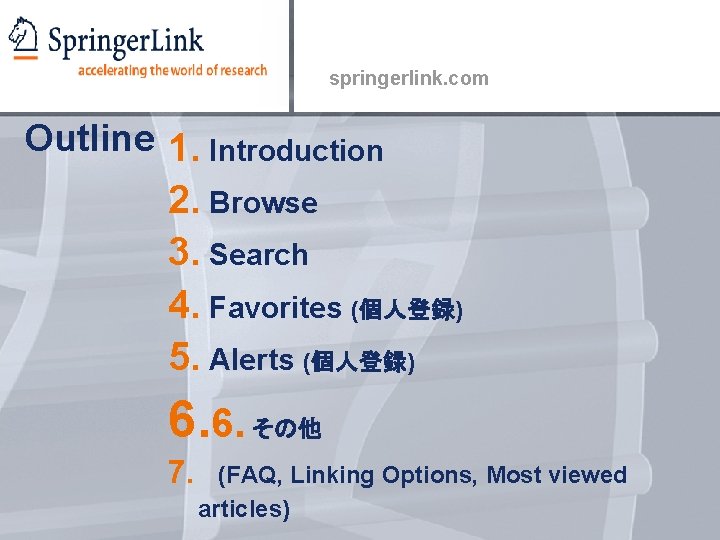 springerlink. com Outline 1. Introduction 2. Browse 3. Search 4. Favorites (個人登録) 5. Alerts