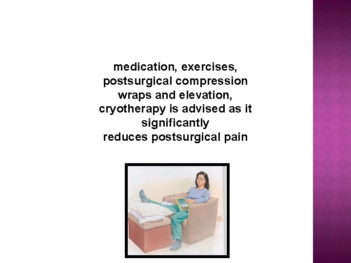 medication, exercises, postsurgical compression wraps and elevation, cryotherapy is advised as it significantly reduces