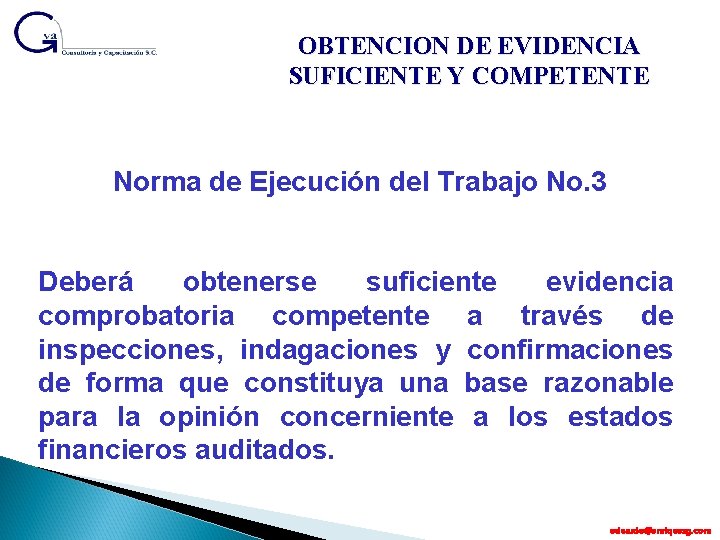 OBTENCION DE EVIDENCIA SUFICIENTE Y COMPETENTE Norma de Ejecución del Trabajo No. 3 Deberá