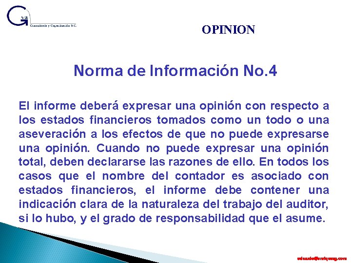 OPINION Norma de Información No. 4 El informe deberá expresar una opinión con respecto