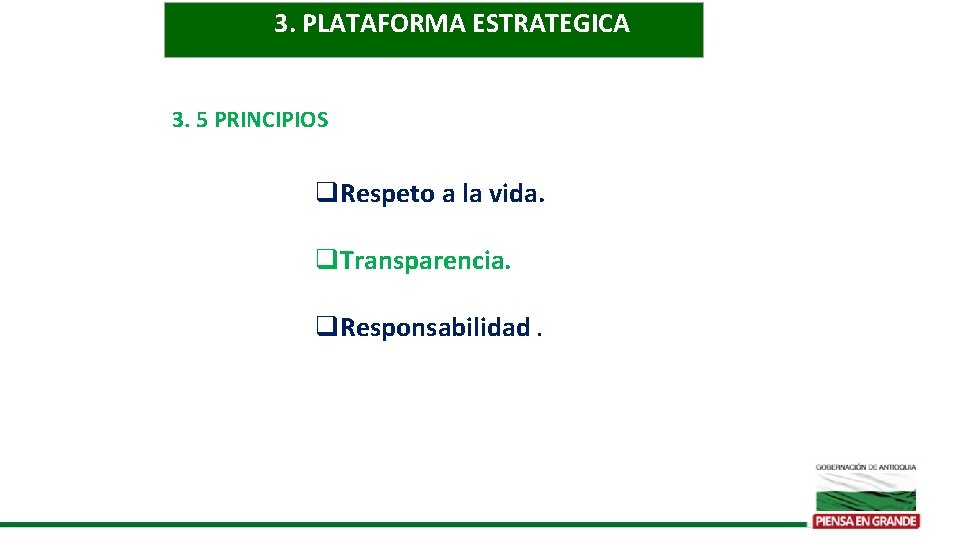 3. PLATAFORMA ESTRATEGICA 3. 5 PRINCIPIOS q. Respeto a la vida. q. Transparencia. q.
