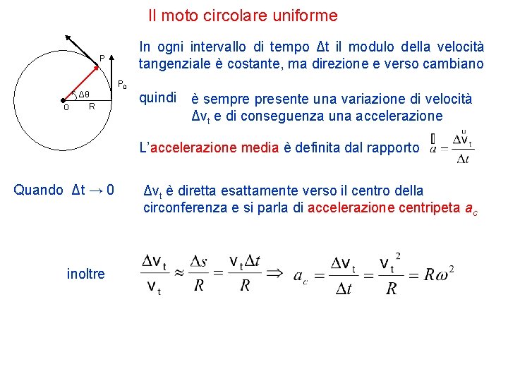 Il moto circolare uniforme In ogni intervallo di tempo Δt il modulo della velocità