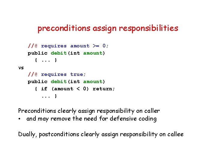 preconditions assign responsibilities vs //@ requires amount >= 0; public debit(int amount) {. .