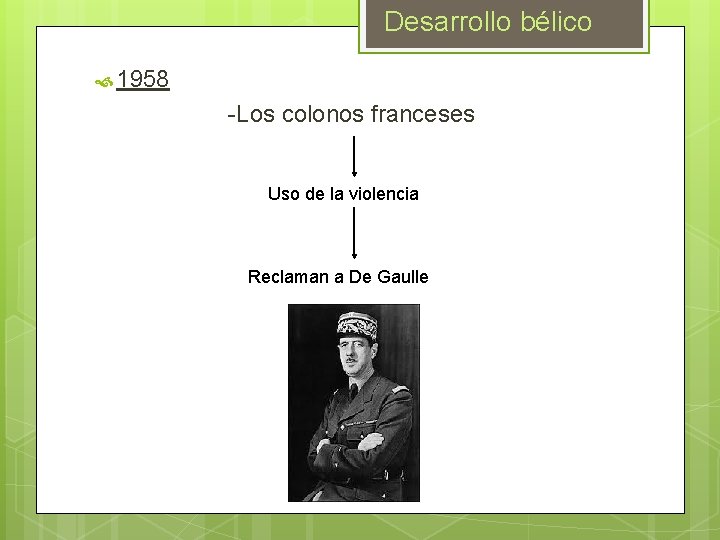 Desarrollo bélico 1958 -Los colonos franceses Uso de la violencia Reclaman a De Gaulle Desarrollo bélico 1958 -Los colonos franceses Uso de la violencia Reclaman a De Gaulle