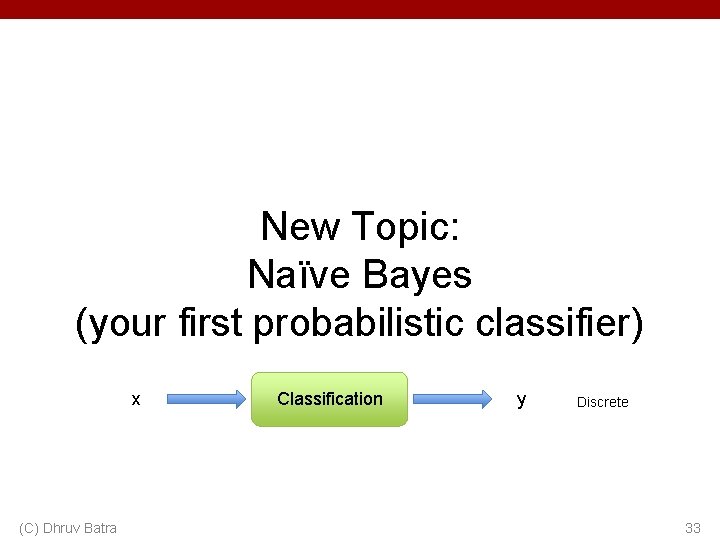 New Topic: Naïve Bayes (your first probabilistic classifier) x (C) Dhruv Batra Classification y