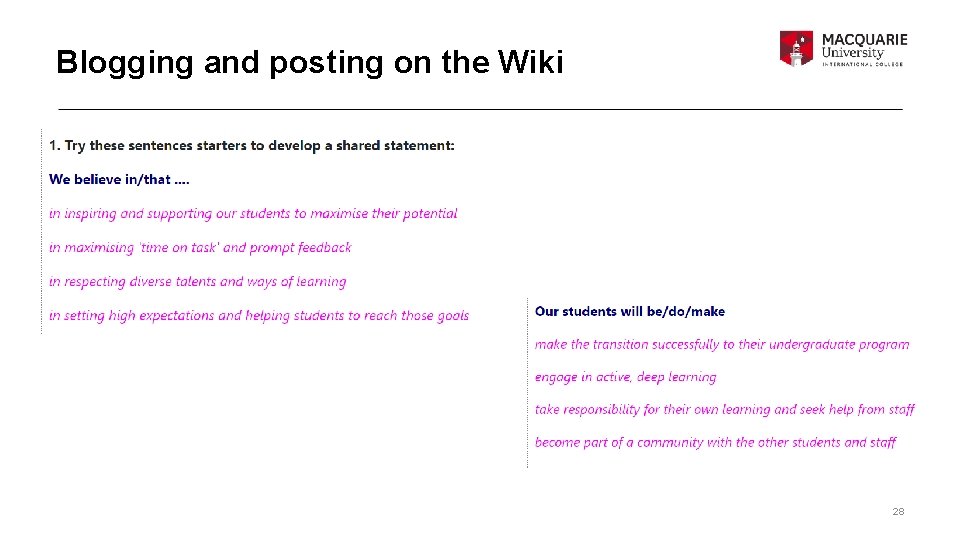 Blogging and posting on the Wiki 28 