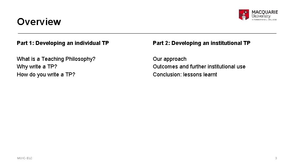 Overview Part 1: Developing an individual TP Part 2: Developing an institutional TP What