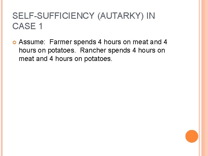 SELF-SUFFICIENCY (AUTARKY) IN CASE 1 Assume: Farmer spends 4 hours on meat and 4