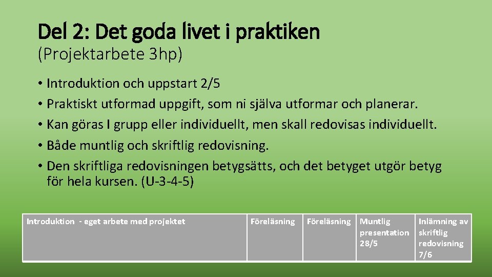 Del 2: Det goda livet i praktiken (Projektarbete 3 hp) • Introduktion och uppstart