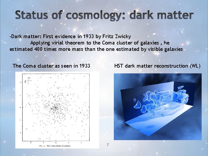 -Dark matter: First evidence in 1933 by Fritz Zwicky Applying virial theorem to the