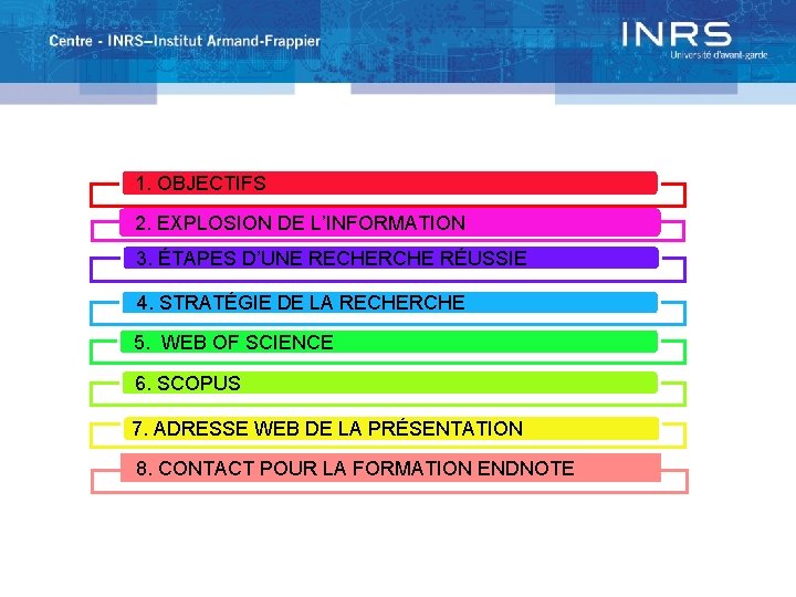 1. OBJECTIFS 2. EXPLOSION DE L’INFORMATION 3. ÉTAPES D’UNE RECHERCHE RÉUSSIE 4. STRATÉGIE DE 1. OBJECTIFS 2. EXPLOSION DE L’INFORMATION 3. ÉTAPES D’UNE RECHERCHE RÉUSSIE 4. STRATÉGIE DE