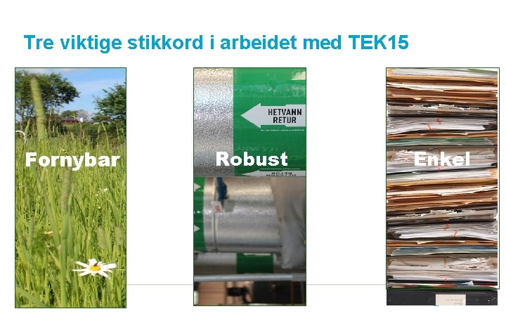 Tre viktige stikkord i arbeidet med TEK 15 Fornybar 4 Robust Enkel 