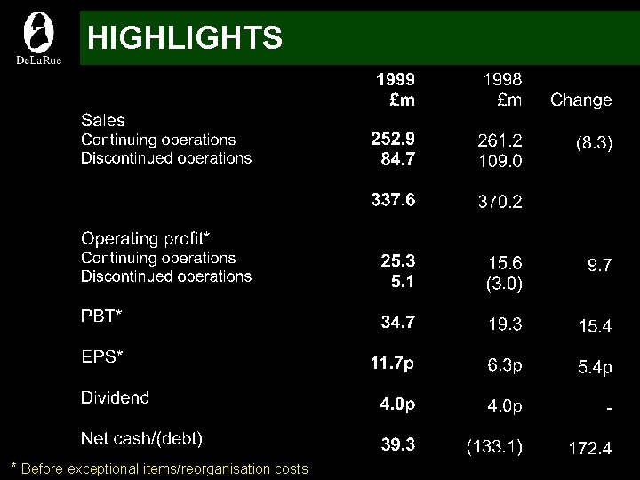 HIGHLIGHTS * Before exceptional items/reorganisation costs 