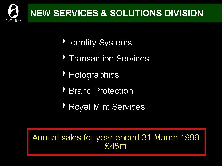 NEW SERVICES & SOLUTIONS DIVISION 4 Identity Systems 4 Transaction Services 4 Holographics 4