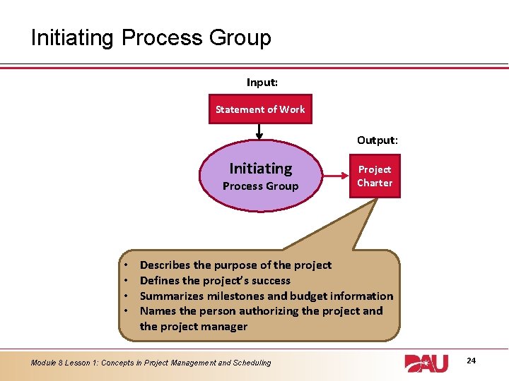 Initiating Process Group Input: Statement of Work Output: Initiating Process Group • • Project