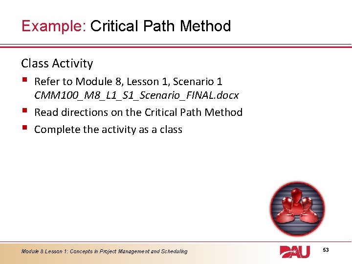 Example: Critical Path Method Class Activity § § § Refer to Module 8, Lesson