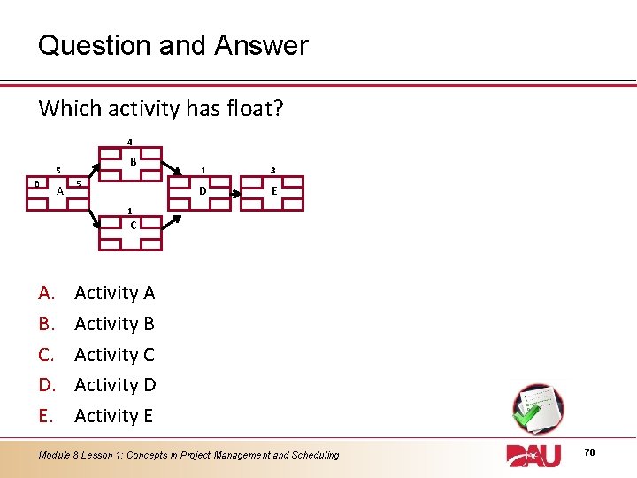 Question and Answer Which activity has float? 4 B 5 0 A 5 1