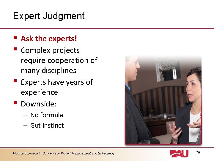 Expert Judgment § § Ask the experts! Complex projects require cooperation of many disciplines