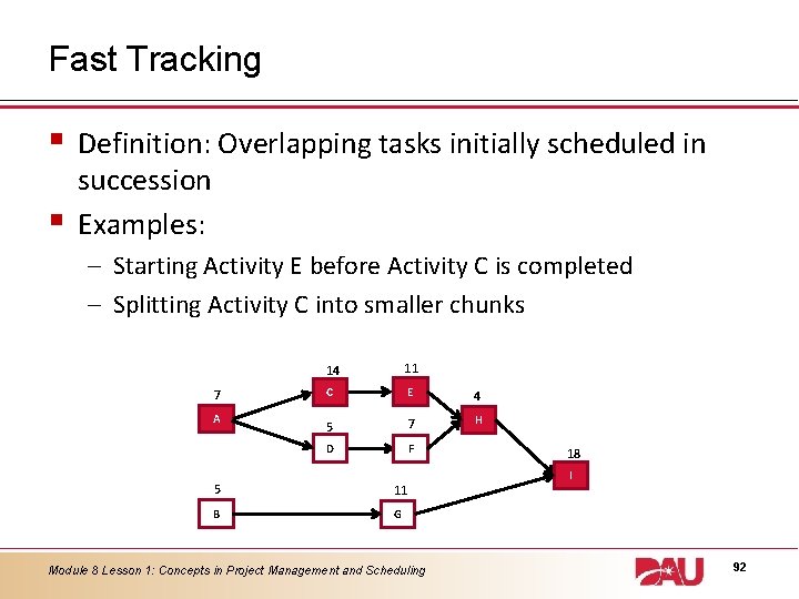 Fast Tracking § § Definition: Overlapping tasks initially scheduled in succession Examples: – Starting