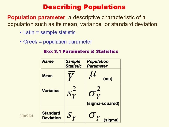 Describing Populations Population parameter: a descriptive characteristic of a population such as its mean,