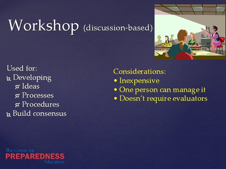 Workshop (discussion-based) Used for: Developing Ideas Processes Procedures Build consensus Considerations: • Inexpensive •