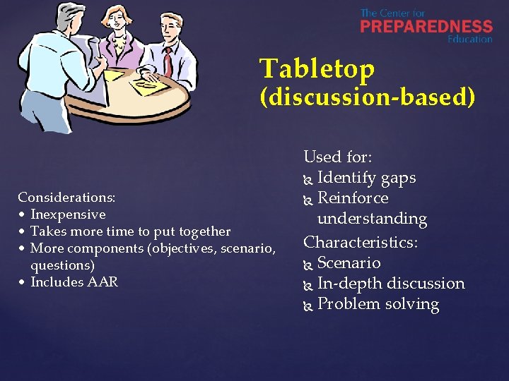 Tabletop (discussion-based) Considerations: • Inexpensive • Takes more time to put together • More