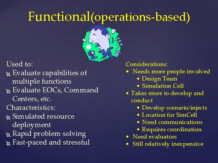 Functional(operations-based) Used to: Evaluate capabilities of multiple functions Evaluate EOCs, Command Centers, etc. Characteristics: