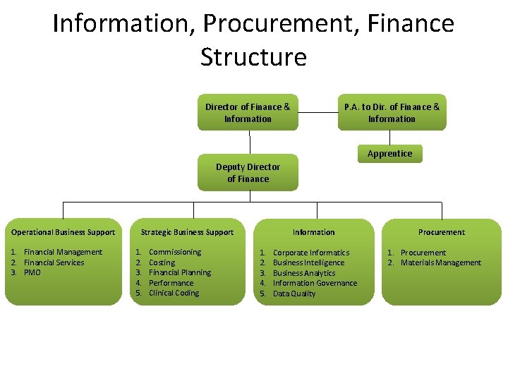 Information, Procurement, Finance Structure Director of Finance & Information P. A. to Dir. of